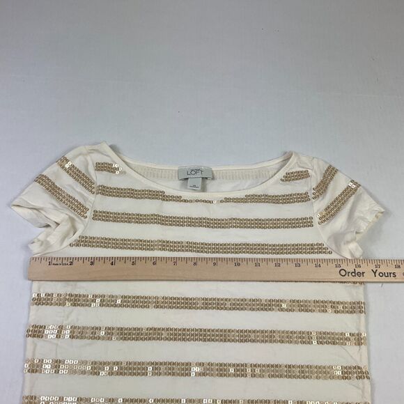 LOFT Sequin T-Shirt Ivory Gold Striped Short Sleeve Boat Neck Top Stretch Tee XS - Picture 8 of 11